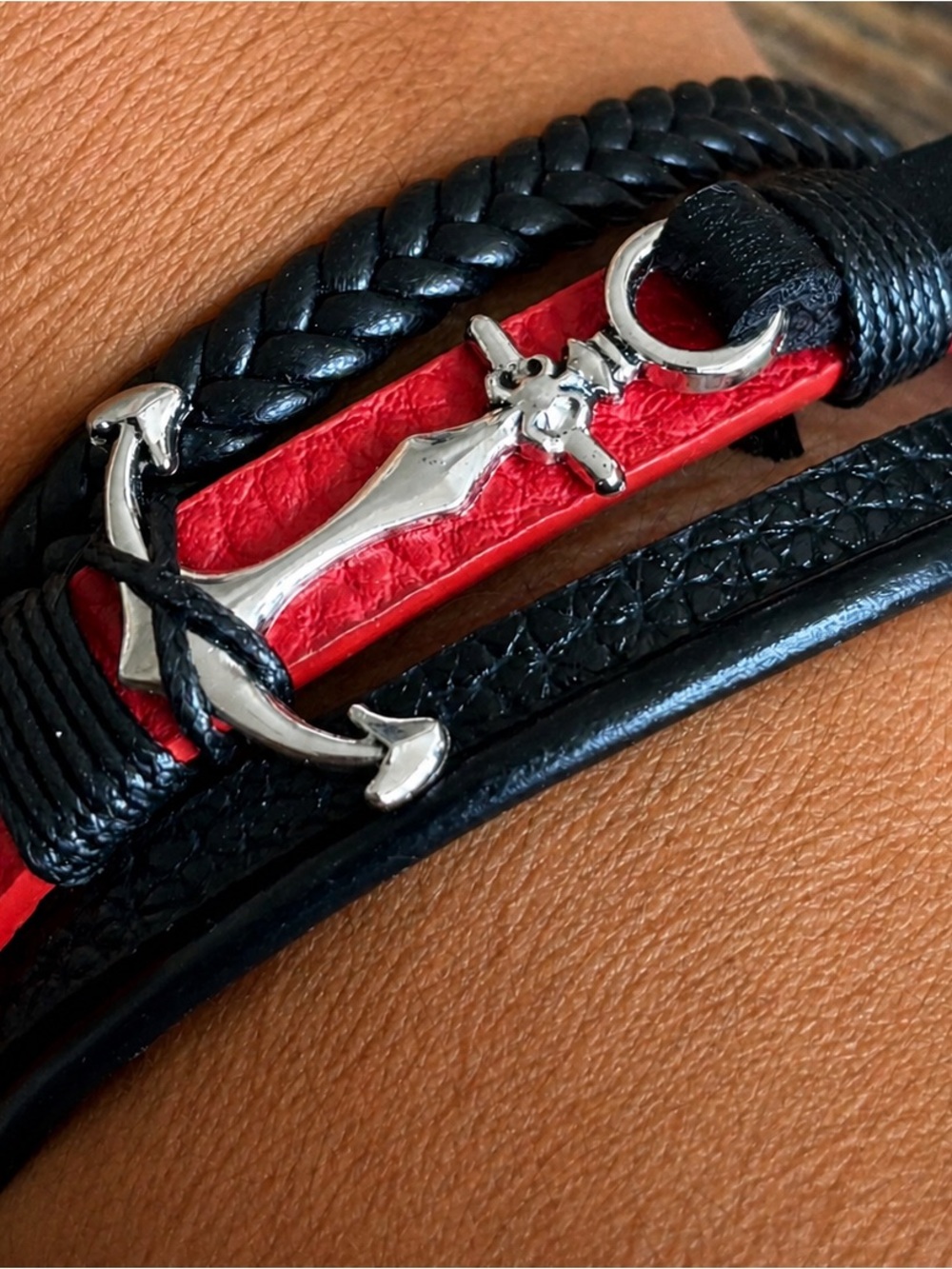 Black & Red Anchor Wrap Bracelet with Silver Anchor Accent